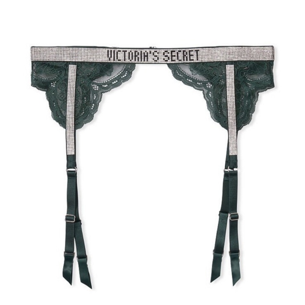 Victoria's Secret Shine Strap Lace Envious Green Garter‎ Belt Sz M/L